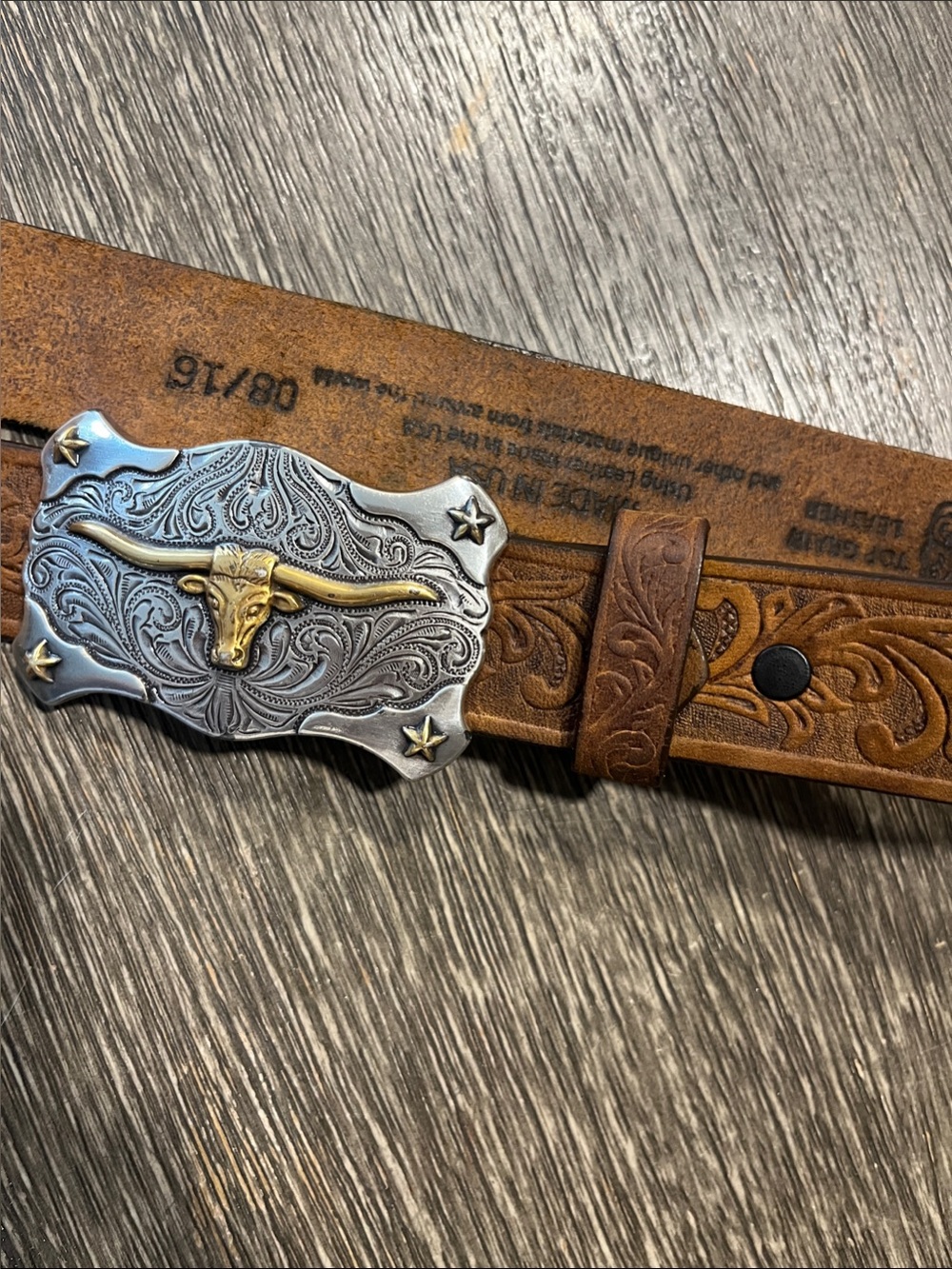 Tony Lama Little Texas Leather belt with Longhorn belt buckle